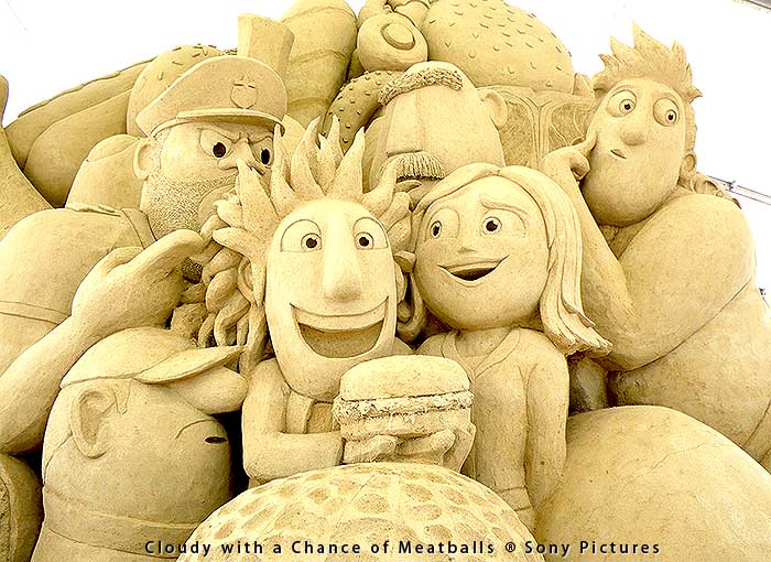 Cloudy with a Chance of Meatballs sand sculpture